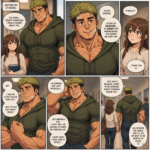 Comic book story about of a Bulky and Beefy and every Muscle is bigger than average and less shredded or muscular with Chunky and Bulky chest and Biceps and his defined abs ANIME Cute Bara Man American 20 year old with a ROUND and BASIC facial structure and Young Adult BARA CUTE that is Peach Toned skin not anything else MALE not to detailed With bigger than average Pecs that are visible through the shirt and Biceps and a big Bandaid on his nose and Left Cheek and Right Eye brow with Scars all over his Chest and arms. Wearing a no piercings Wearing a Hoodie and Jeans under around the waist with and pants pants and drenched in sweat and Short and Green Brown Hair and Bright Light Green fluffy Hair and Strait with brown eyes and black eyebrows with a Three finger Slash on his Eyebrow. With no Facial Hair. Walking with his crush in school he talks about how he she’s amazing And Talented. And how he’s Strong and Independent,And talks about Him being a foot taller