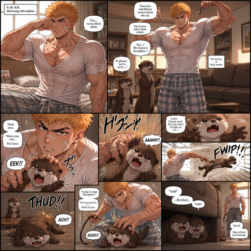Structures and Young Adult BARA CUTE that is Peach Toned skin not anything else MALE not to detailed Wit h bigger than average Pecs that a re visible through the shirt and Biceps and a big Bandaid on his nose and Left Cheek and Right Eye brow with Scars all over his Chest and arms. Wearing a White Baggy Top that is tight around the waist and Athletic shirt drenched in sweat and Short and yellowish orange Hair and Bright Gold Fluffy Hair and Strait with brown eyes and black eyebrows with a Three finger Slash on his Eyebrow. With no Facial Hair. Waking up in the morning in pajamas and his Ugly pet Otter twins but Excessively bully’s them. there are is discipline. and asks for some and the looses a tail and tries to run under the couch but stops him. And the otter Receives discipline that. And the otter(his twin) just watching and tries to help but is denied. And he goes flys, and lands wrong. The brother that tried to help and the one getting disciplined screamed his name and cried but then silenced