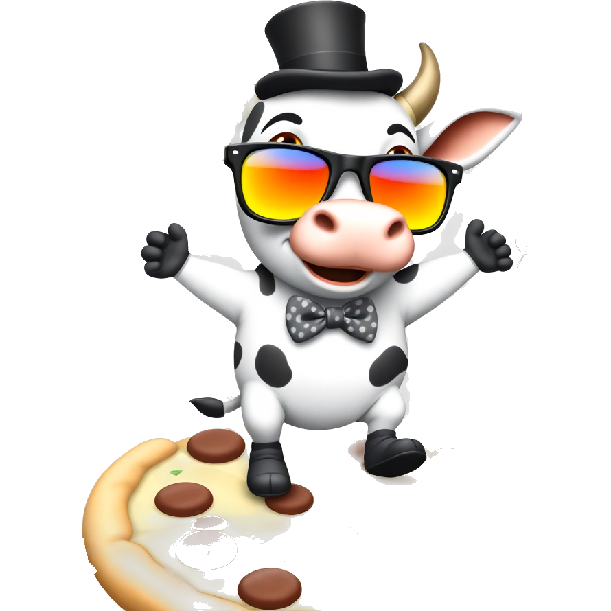 A dapper male cow wearing oversized rainbow sunglasses, a polka-dot bowtie, and a tiny top hat, grinning widely with cartoonishly large teeth. Heโs dancing on a giant slice of pizza, surrounded by floating balloons and a disco ball, with confetti raining down in vibrant colors. Moo-larious! ๐ฎ๐๐โจ