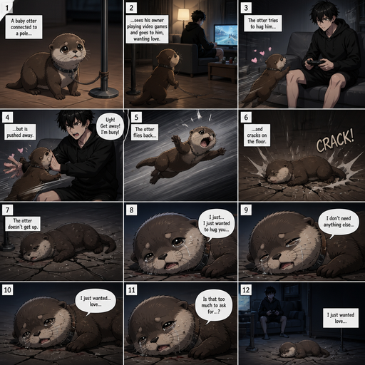 A comic book Picture by picture and shows impact of a A baby otter that is connected to a pole and went to his male Cute and Handsome wearing a Black Hoodie and Shorts owner who was playing video games on he couch in his house to go and the otter tries to hug him but the otter was pushed away flys to floor and cracks. And the otter doesn’t get up and the otter talks about how it just wants love