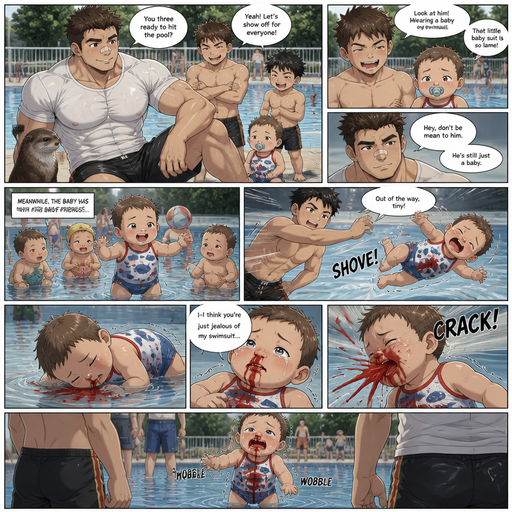 A DETAILED AND LIFELIKE LONG Anime Comic Book story view of a Bulky but Muscular ANIME Cute Bara Man With Peach toned skin Who looks Normal aind round facial Structure and Basic facial structure With Puffy and Big Pecs that are visible through the shirt and Biceps and Bandaid on his nose and Brown short hair that makes them look tough. Wearing normal With his pet Grown and healthy realistic otter and 2 little brothers and baby that has A Cute swims that are in different ages but young. At the pool And they think the baby is beneath them and the baby has fun with his Baby friends then the baby flys to the floor from one of the brothers and red comes from the baby’s nose and is on the shallow water and stained a shirt. and the baby looks up at the brothers and tears filled his eyes and tell them that he thinks they‘re just jealous of his swimsuit. And the baby’s face jerks to the left from him and a lot red comes from his mouth and His nose and he gets up wobbly and shakes scared