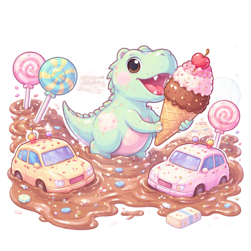 The city wakes up and the chocolate river has overflowed 🍫💦. Cupcake taxis are stuck. Lollipop trees are leaning. Sprinkles are floating everywhere. 🌀 Random Twist: Emoji dice roll → 🦖 T-Rex appears! Not a normal T-Rex — it loves ice cream and wants a giant scoop 🍦🦖
