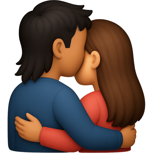 two emoji people hugging from the side romantic dark Asian man brunette girl we see their backs more detailed heads leaning on eachother modern mullet on the Asian we cant see their face