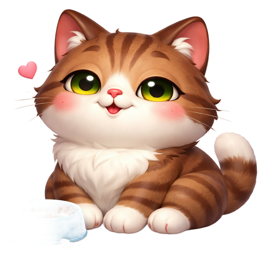 the same brown tabby with white markings, looking full and relaxed after eating, big, round yellow eyes soft with happiness.