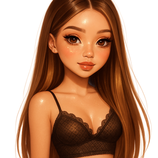 luxury glossy bratz-anime romantic aesthetic, warm cinematic glow, crisp clean detail, glossy glam skin. petite girl, warm soft-autumn tone, fair skin, honey-brown almond eyes, soft freckles, warm toasty glam makeup, glossy nude lips, flutter lashes, sweet Belle-princess vibe, very long straight brunette honey balayage hair with visible light honey blonde highlights, straight & sleek, high shine, mesh deep brown bralette with lacy top trim, spaghetti straps, deep blue jeans, pop-princess energy, shimmer highlight, sparkly glow