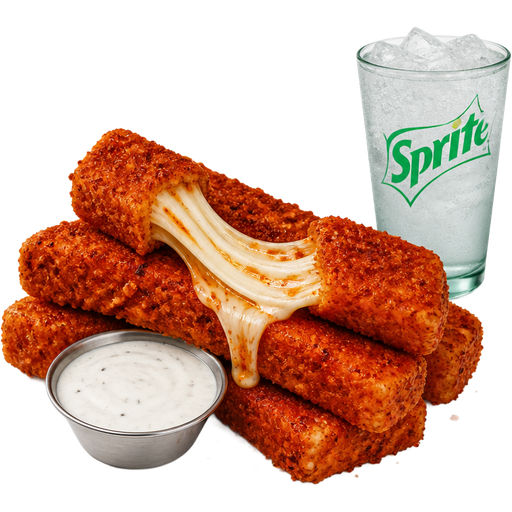 Nashville hot mozzerella sticks from chillis with extra cheese puLL and a side of dipping sauce. Maybe ranch and a sprite on the side. Rectangle spicy Nashville mozzerella sticks.