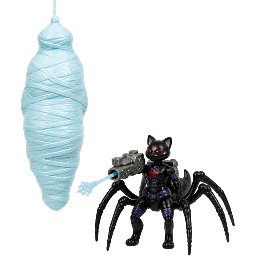 spider cave playset 3 wrapped up and mummified fully covered in a #B8FFFF spider slik cocoon shaped like fox arms behind back with #B8FFFF spider slik wrappings completely covered with thick layers non-transparent #B8FFFF spider slik wrappings hanging upside down from the ceiling 1 cat black widow drider with web shooter 5 #B8FFFF webbing missiles