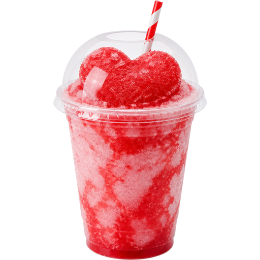 Valentine’s Day Heart Shaved Ice Slushie in a Plastic Cup and Plastic Dome Lid with a Straw Mixed in with Extra Syrup