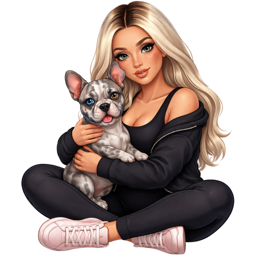 A thick waist baddie woman with icy blonde hair parted dark in the middle and gray eyes and freckles across the nose sitting in the middle of a yoga pose in black workout clothes open black sweater black tank top and light pink adidas hugging a grey merle french bulldog with one blue eye and one brown eye