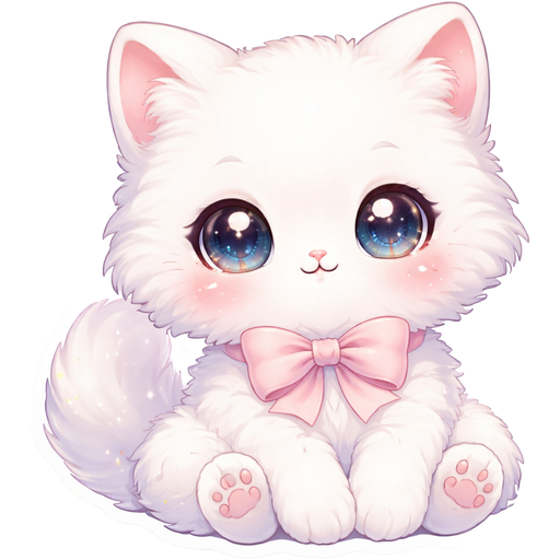 : “An ultra cute white chibi kitten sticker, pure white fluffy fur, big sparkling eyes with star highlights, tiny pink nose and blushy cheeks, small rounded body, adorable tiny paws, wearing a soft pink bow, sitting in a cozy and playful pose, surrounded by pastel hearts, sparkles and soft glow, kawaii style, dreamy aesthetic, soft lighting, smooth clean outlines, highly detailed, sticker design with white border, extremely adorable expression, 4k, high quality”