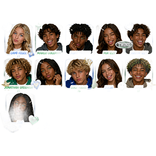If there was a famous teenager friend group with these people Cami Kelce (13(white) blonde hair blue eyes funny sweet sassy cute pretty Marco Coleman (14)(Mexican) brown hair brown eyes funny stupid cool sweet Noah market (15)(black) black hair green eyes cool strong silly jokey Mia lzzy (14)(mixed) brown hair brown eyes funny cool additud twins with Justin pretty Justin lzzy (14)(mixed) brown hair brown eyes funny cool strong sassy Jonathan greenish (15(mixed) blonde hair brown eyes cool sweet strong silly stupid Millie brown (15)(black) brown hair green eyes cute silly smart sassy Cole Kelce (16)(white) blonde hair blue eyes cool funny jokey protective of Cami when it comes to boys and outfits Julia (16)/white) brown hair green eyes she’s funny sweet and jokey too Josh (17)(mixed) brown green hair brown eyes funny kind stupid jokey Zoe (16)/black/ brown hair green eyes sweet funny pretty and the name of the group is limitless crew and the group colors are Electric Blue + Emerald Green + Gold