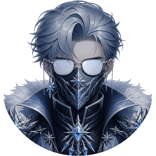 icepunk a handsome young (20-30 years old) male icy blue ruler wearing a mask (from mouth to nose) and wearing a pair of glasses that we cannot see his eyes and he has hair,aesthetic