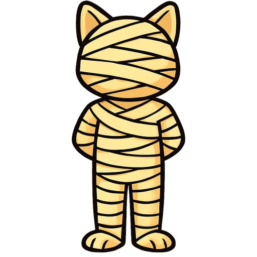 mummified anthro cat with no face arms behind back standing up legs together completely covered with layer of #F6E0A4 #FFEE99 #F1CF73 bandages completely covered with layer of #F6E0A4 #FFEE99 #F1CF73 bandages