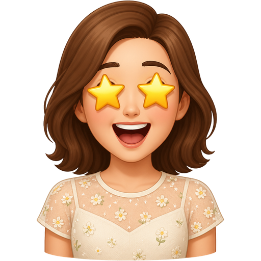 light skin woman with shoulder length chestnut brown hair wearing a summer illusion top short sleeves with star eyes