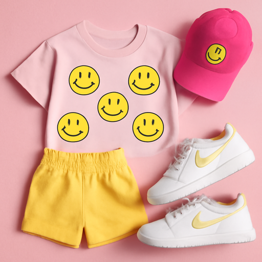 Smiley faces on shirt that is pink then a hot pink hat with a smiley faces and Nike shoes and yellow shorts
