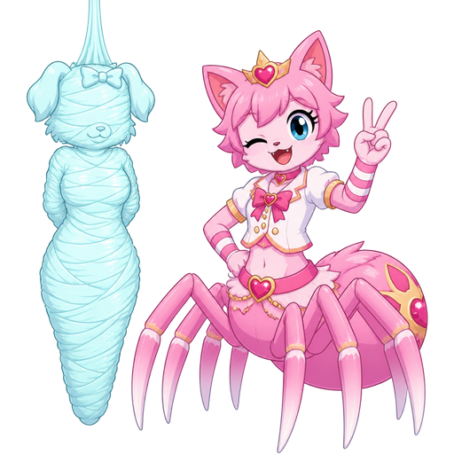 wrapped up and mummified fully covered in a #B8FFFF spider slik cocoon shaped like anthro female puppy anthro arms behind back with #B8FFFF spider slik wrappings completely covered with thick layers non-transparent #B8FFFF spider slik wrappings hanging on ceiling on left side next to a happy anthro femboy pink cat anthro drider hybrid doing victory sign smiling based on unikitty jewelpet sunshine version