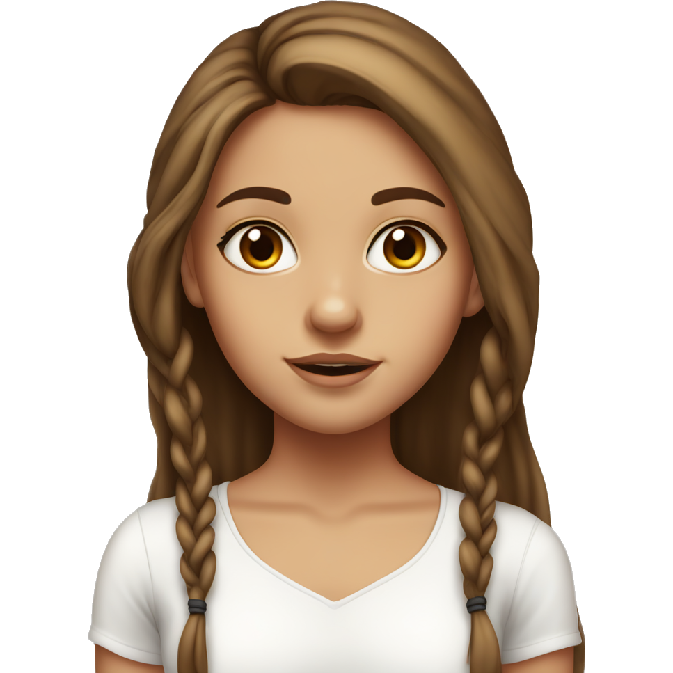 Girl with grey eyes with long leashes, long brown hair, slightly tanned skin, freckles, plump lips. She wears white top and has nose and ears piercings