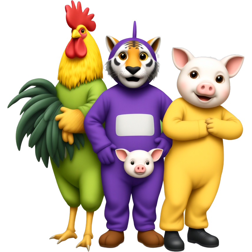 A rooster dressed as the yellow teletubby, a rooster dressed as the purple teletubby, a tiger dressed as the green teletubby, a pig dressed as the red teletubby