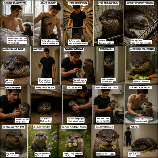 A Long COMIC BOOK story Waking up in the morning on a Sunny day and no cin pajamas and his pet otter but Excessively bully’s the otter. in the grocery store and the Otter coughs up Saliva and takes a nap in the cart and gets dehydrated and sweaty. But They go to the house and makes the otter go to his room and bullies him and the otter tries to sneak out of his room and secretly nibbles on some vegetables he bought so he Excessively disciplines him. Then later the otter sleeps and hides under his bed and the otter gets punished while he is cooking. And during bath cause he is getting bullied and he responds by getting flowers from the park from there walk in his throat