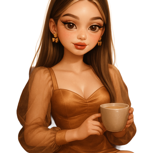 luxury glam soft-Bratz storybook romantic aesthetic, warm cinematic glow, soft fairytale lighting, crisp clean detail, glossy doll-like skin, soft glowing blush, fluttery lashes, big honey brown almond eyes, plush lips, feminine delicate features, sweet princess vibe, soft glam makeup, gentle warm highlights in hair, dreamy whimsical softness, cozy romantic energy: petite soft feminine figure, soft-autumn tone, pale skin, soft freckles, round, full moderate bust, natural curves, soft natural body definition, straight long brunette hair with blonde highlights, caramel satin mini dress, sheer puff sleeves, gold bow earrings, soft straight hair tucked behind ears, glossy cheeks, holding warm chai, soft smile posing on velvet couch, pop-princess energy, shimmer highlight, sparkly glow