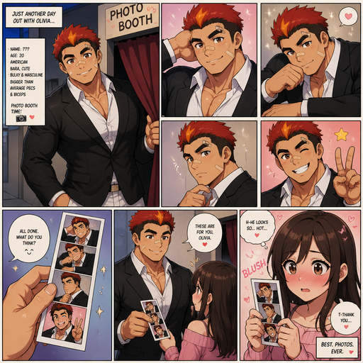 A Full page Anime Comic book story about of a masculine and Bulky ANIME Cute Bara Man American 20 year old with a ROUND and BASIC facial structure and TENAGE BARA CUTE MALE not to detailed With bigger than average Pecs that are visible through the shirt and Biceps and a big Bandaid on his nose and Left Cheek and Right Eye brow. Wearing a no piercings Black suit a White and Pants and Red Hair and Bright Orange Hair Tips and Strait is wearing a Motorcycle haircut with brown eyes and black eyebrows. Taking Hot, Dreamy and Attractive Photos in a Photo Booth. And then gives them to Olivia and she Blushes