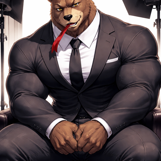 A Full BODY and FACE of Muscular and Buff and a Gigantically Muscular with Chunky Gigantic Pecs AND biceps and a BIGGER head with the Perfect Waist. VERY Masculine and handsome ANIME Animated Young Bara Furry Grizzley Bear with a VERY Good-looking, Detailed and Mature Face and brown eyes with a wrestler type body. Buttoned up and Wearing a Suit and Tie at a Photo Shoot (modeling for a Clothing Brand). With his Hands in between his Legs in a Chair with a Red Ribbon in his Mouth