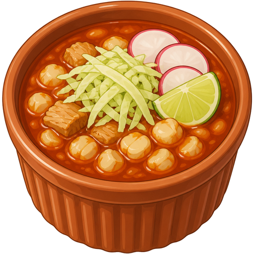 ghibli style | color #A0522D mini ceramic ramekin | pozole rojo inside ramekin | view: the high-angle + front center + close-up