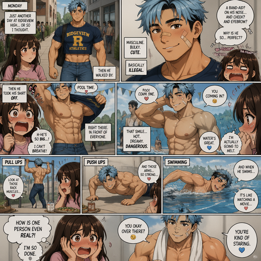 A Full page Anime Comic book story about of a masculine and Bulky ANIME Cute Bara Man Who looks Normal and American 20 year old with a round facial Structure and Basic facial structure With bigger than average Pecs that are visible through the shirt and Biceps and Bandaid on his nose and Left Cheek and Right Eye brow. Wearing a little bit Short School Spirit shirt and Logo on it and Jeans and Light blue Hair and Black Roots and Strait with brown eyes. At a School and taking his shirt off about to get in the pool she. And Making a her sweat and feel panicked. With his Hot and Dreamy smile. She eats lunch at a table and watches him Do pull up’s and pushups and Swim