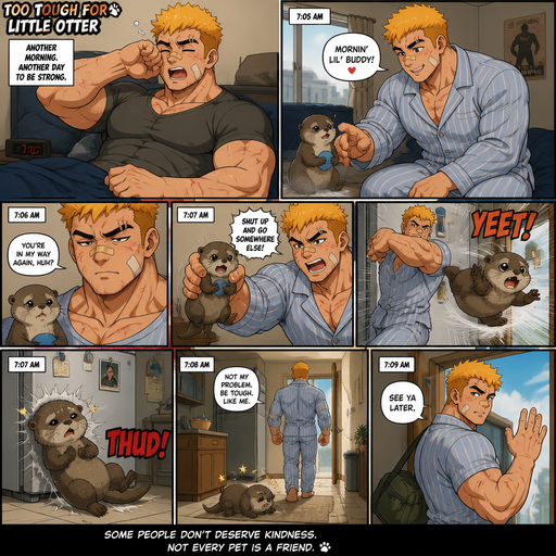 A Full page Anime Comic book story about of a Bulky ANIME Cute Bara Man American 20 year old with a ROUND and BASIC facial structure and Young Adult BARA CUTE that is Peach Toned skin not anything else MALE not to detailed With bigger than average Pecs that are visible through the shirt and Biceps and a big Bandaid on his nose and Left Cheek and Right Eye brow with Scars all over his Chest and arms. Wearing a Tight Military Green Top that is tight around the waist and Baggy Camo Cargo pants drenched in sweat and Short and yellowish orange Hair and Bright Gold Fluffy Hair and Strait with brown eyes and black eyebrows with a Three finger Slash on his Eyebrow. With no Facial Hair. Waking up in the morning in pajamas and his PET BABY OTTER but excessively bully’s it and throws him at the fridge. Leaves him.