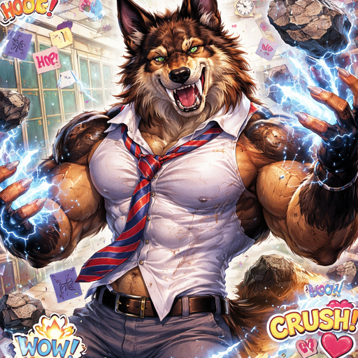 A Very Cute and Flirty, Hot and Attractive animal that is a Chunky and Hunky Sabertooth mixed with a German Shepard with Ginormous Biceps and Pecs Bara furry Wearing a School Uniform and Tie at school With Electrokenetic Elemental Powers controlling Rocks, Lightning and Electricity. Dripping in Sweat. A Collage