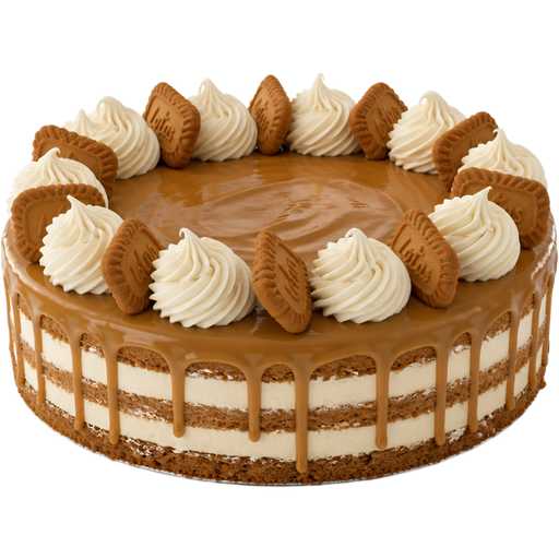Whole 2-Layered Bischoff Cookie Cake with Vanilla Buttercream Frosting with Cookie Butter Ganache, Vanilla Buttercream Frosting Dollops on Top with Bischoff Cookies In-between Going around the top of the Cake