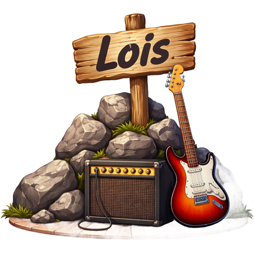 On a theatre stage there is A pile of large, jagged rocks. There’s a named signpost that reads “Lois”. There is also an electric guitar leaning against the sign and an amplifier sitting underneath it