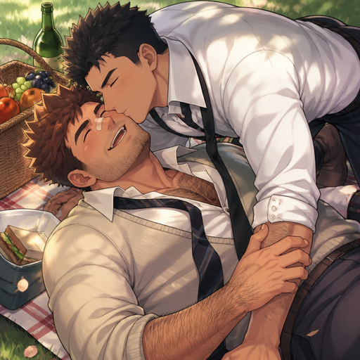 A REALISTIC AND LIFELIKE Comic book Story of a Bulky but Muscular ANIME Cute Bara Man With Peach toned skin Who looks Normal and a huge and Masculine round facial Structure and Basic facial structure With Puffy and Big Pecs that are visible through the shirt and Biceps and Bandaid on his nose and Brown Spiky hair and His Hair Curls At the tip of strands and FLUFFY HAIR. Wearing a white shirt and sweater with pants a Tie and Rolled up sleeves and has a HAIRY MANLY body and Small stubble beard. with his boyfriend and they look perfect and He so happy heS gorgouses and the boyfriend kisses at the Picninc while pinning him