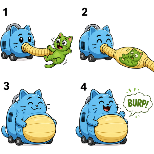 Light blue cat vacuum hybrid non-transparent Light yellow flexible hose non-transparent Light yellow flexible hose vacuums a green cat 1 non-transparent Light yellow flexible hose a non-transparent Light yellow flexible hose bulging non-transparent Light yellow flexible hose visibly bulging with the cat's form 2 Light blue cat vacuum hybrid non-transparent Light yellow flexible hose with full belly 3
4 Light blue cat vacuum hybrid non-transparent Light yellow flexible hose burps