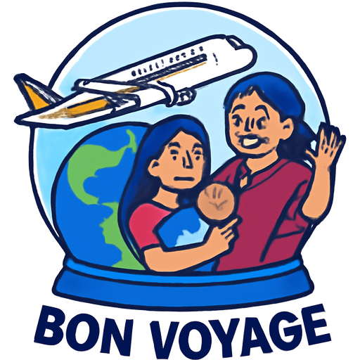 BON VOYAGE show globe and jumbo jet of Singapore airlines mother, daughter in saree and new born grand son returning to India from USA. Wish them bon voyage