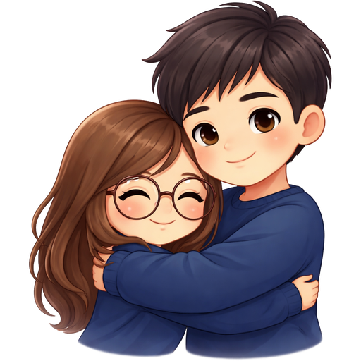 Couple hugging, the girl has brown hair and big brown glasses and the guy is manly no beard with black hair and they’re wearing navy