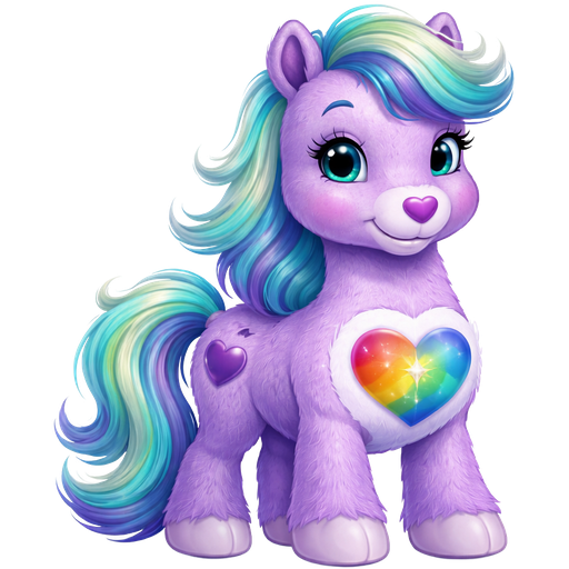 Noble Heart Horse Purple Care Bear With a Mint Green and Blue Striped Mane along with the Tail being the same color with a rainbow Multicolored Heart with a small radiating star in the middle of it on the stomach with a Purple Heart nose