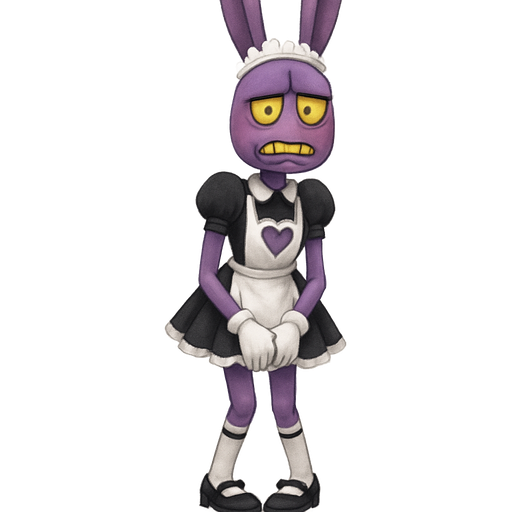 A purple tall 6’2 inches tall lanky bunny with a horizontally wide oval shaped head with a big frown with yellow teeth he lacks a nose and he has yellow sclera big eyes with black square pupils with a sharp long black eyeliner with a white maid headband and a black and white maid dress with a white collar on his neck with an apron and a short skirt with white gloves with a heart cut out near his chest exposing his purple chest and white long stockings with black lines on the top and black Mary-Janes shoes with black bow ties on it with an embarrassed expression on his face as he blushes hiding his skirt make it look more like art less than cartoonish