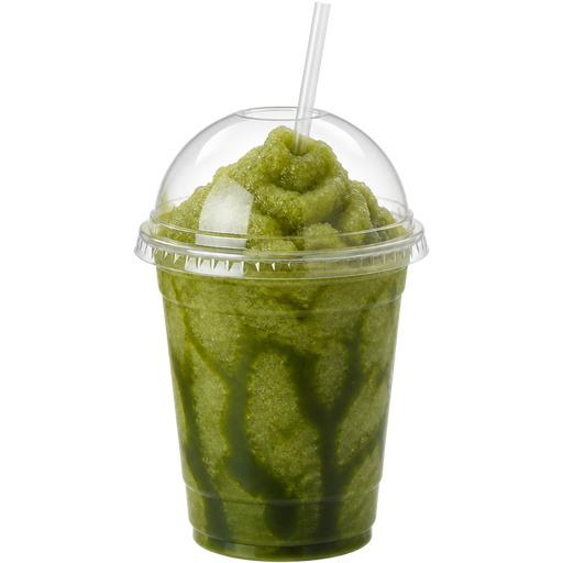 Green Tea Shaved Ice Slushie in a Plastic Cup and Plastic Dome Lid with a Straw Mixed in with Extra Syrup