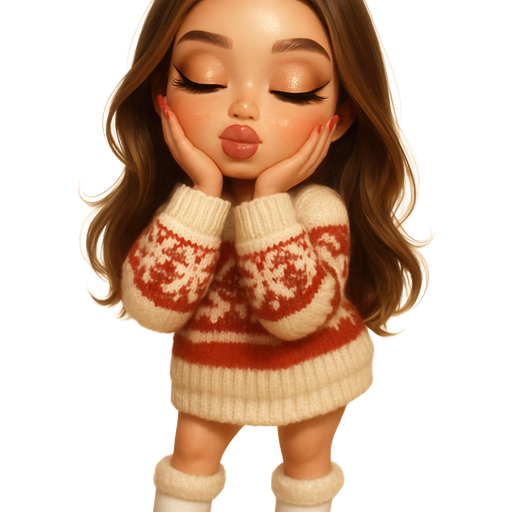 sleek cartoon luxury glam, mini plush Bratz-doll aesthetic, cinematic glow, crisp clean detail, glossy glam skin. brown eyed skinny Petite girl, fair skin with soft freckles, wide face with tall forehead, honey-brown almond wide-set upturned eyes, fluttery lashes, shimmer highlight, plush lips, bottom heavy lip, sweet Belle-princess vibe, medium-long brunette hair with visible caramel highlights, hair sleek and wavy side part blowout. softly defined feminine body, soft hourglass shape with full round bust, thick soft red and cream snowflake stripe minimalist oversized knit sweater with slouched silhouette. white leather heeled boots with fur trim. peachy-pink blush with shimmer highlight, glossy nude-rose lips, sleek red almond nails. hands on cheeks, puckering and shut eyes. full body showing. Cozy romantic glow, soft warm lighting, pop-princess energy