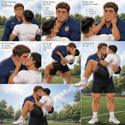 A Real life Full Body view of a Chunky but Muscular and more Muscle than Fat ANIME Cute Bara Man Who looks Normal and American with a round facial Structure and Basic facial structure With Puffy and Big Pecs that are visible through the shirt and Biceps and Bandaid on his nose. Wearing a Soccer team Quarter Zip and Shorts. his Crush hugging him unexpectedly and him blushing. And he flirts with his crush by making faces . And his crush pinch’s his cheeks and says how cute he is. And still holding his cheeks his kisses him. And he dips his crush and twirls him and picks him