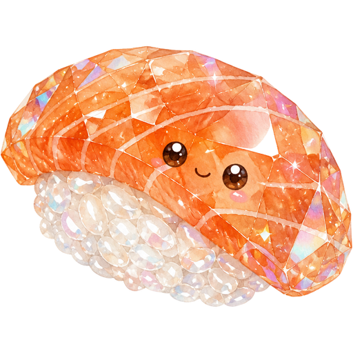 Cute realistic kawaii crystal sushi salmon nigiri with glossy translucent orange crystal salmon, pearly rice, sparkling gemstone finish, holographic reflections