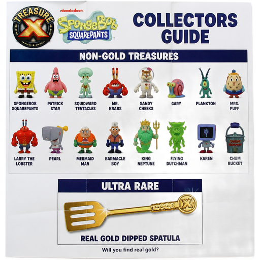 moose toys treasure x spongebob squarepants collectors guide non-gold-treasures with names and characters with names and ultra rare real gold dipped spatula