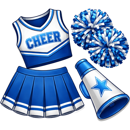 Cheer shprt skirt and top in blue and white and pom pom in blue and white and a blueand white mega phone