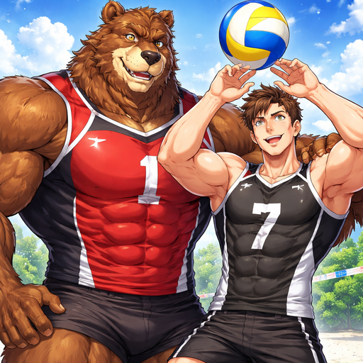 A Full BODY and FACE of a Muscular and Buff and a Gigantically Muscular with Chunky Gigantic Pecs AND biceps and a BIGGER head with the Perfect Waist. VERY Masculine and handsome ANIME Bara Furry Grizzly Bear with a VERY Good-looking and Mature Face and brown eyes with a wrestler type body. Wearing a Short Volleyball Jersey. with his buff human Crush. Popping the volleyball