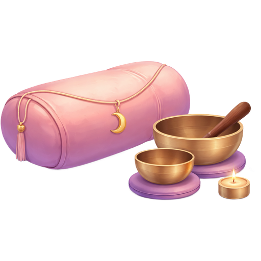 Pink Yoga bolster with mindful Deco and with Singing Bowls on top next to each other and without engravings and without flowers