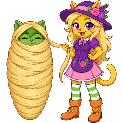 1 green boy cat furry getting wrapped up by furry yellow cat anthro with purple eyes blonde hair purple and pink florist hat and purple florist outfit green and white socks orange boots with buckles pink skirt with blonde hair 2 blonde hair cocoon shaped like green boy cat furry completely covered with blonde hair cocoon like mummy next to furry yellow cat anthro with purple eyes blonde hair purple and pink florist hat and purple florist outfit green and white socks orange boots with buckles pink skirt