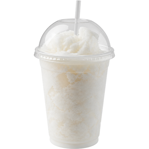 Coconut Shaved Ice Slushie in a Plastic Cup and Plastic Dome Lid with a Straw Mixed in with Extra Syrup