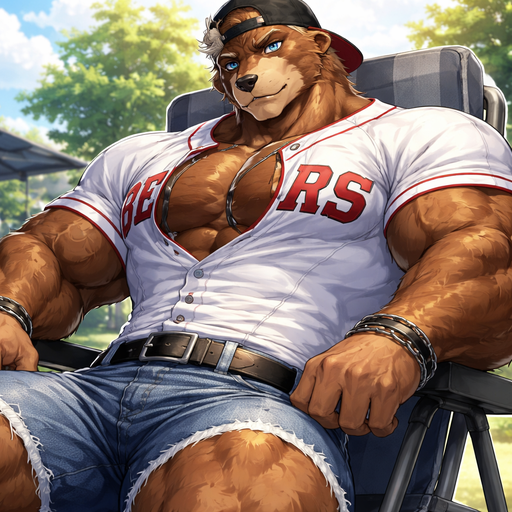 A Full Body Image of a Hot and Attractive Anime Bear Bara Furry Bodybuilder who is a very Masculine and Handsome with Ginormous Arms and a Rounded and Wide Chest Short Strait Hair Wearing an Buttoned up Baseball Jersey that is Small around the Waist and In Jorts an a backwards Baseball hat. Leaning back in a chair.