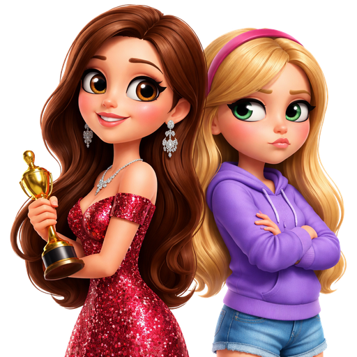 Two sisters back to back. One is 18 brown hair and is a movie star she needs to be wearing something luxurious and fancy. The other one is 17 has blonde hair is wearing something casual and simple and has a jealous expression on her face.